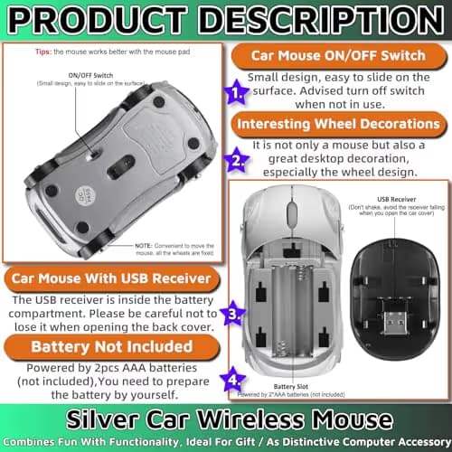 HuGuWdy Silver Car Mouse，2.4G with USB Reciver 1600DPI Computer Mice Wireless for Computer Wireless Computer Mouse for Laptop Tablet for Windows Mac OS（Silver） image