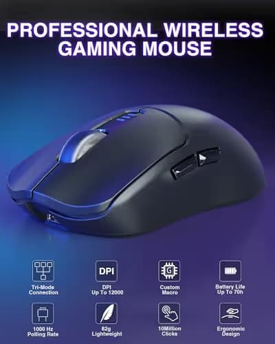 AULA SC580 Wireless Gaming Mouse, Tri-Mode 2.4G/BT5.0/USB-C Gaming Mouse, 12000 DPI Rechargeable Wireless Mouse with 6 Programmable Buttons, Ergonomic Computer Mouse for Laptop/PC/Mac/Tablet image