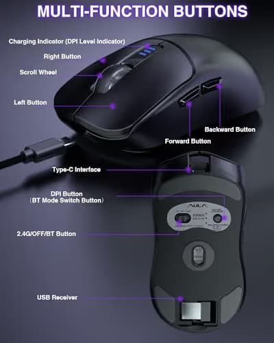 AULA SC580 Wireless Gaming Mouse, Tri-Mode 2.4G/BT5.0/USB-C Gaming Mouse, 12000 DPI Rechargeable Wireless Mouse with 6 Programmable Buttons, Ergonomic Computer Mouse for Laptop/PC/Mac/Tablet image