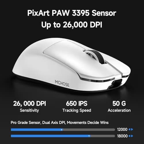 MCHOSE L7 Pro+ Wireless Gaming Mouse Esports, Ultra-Lightweight Mouse with 26K DPI, 650 IPS, 8K Polling Rate, Optical Switch, 7 Programmable Buttons, Tri-Mode Connection, 200H Battery, PC/Mac - White image