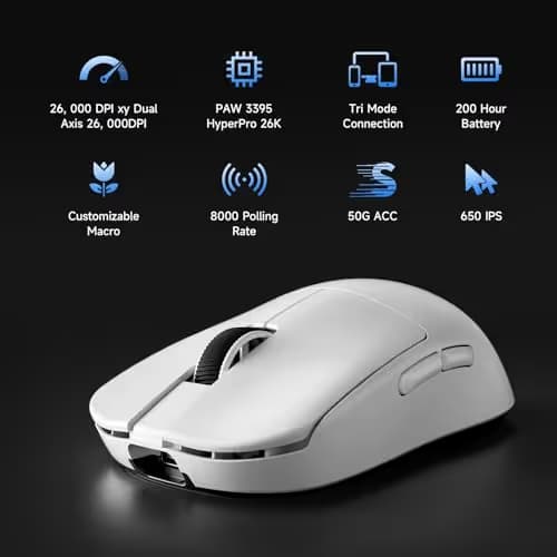 MCHOSE L7 Pro+ Wireless Gaming Mouse Esports, Ultra-Lightweight Mouse with 26K DPI, 650 IPS, 8K Polling Rate, Optical Switch, 7 Programmable Buttons, Tri-Mode Connection, 200H Battery, PC/Mac - White image