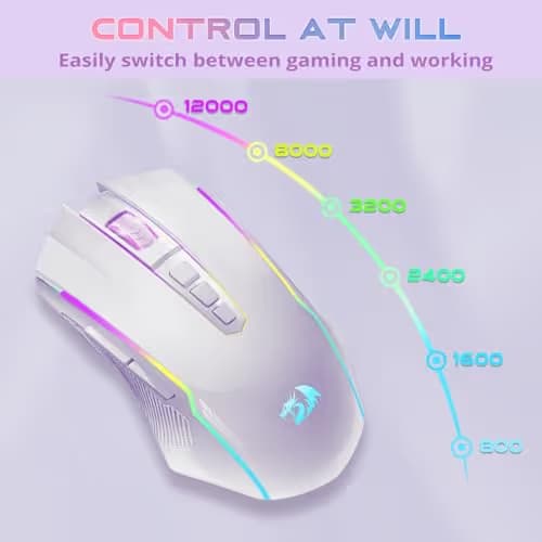 Redragon Wireless Gaming Mouse, Tri-Mode 2.4G/USB-C/Bluetooth Mouse Gaming, 12000 DPI, RGB Backlit, Fully Programmable, Rechargeable Wireless Computer Mouse for Laptop PC Mac, White image