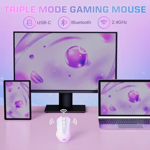 Redragon Wireless Gaming Mouse, Tri-Mode 2.4G/USB-C/Bluetooth Mouse Gaming, 12000 DPI, RGB Backlit, Fully Programmable, Rechargeable Wireless Computer Mouse for Laptop PC Mac, White image