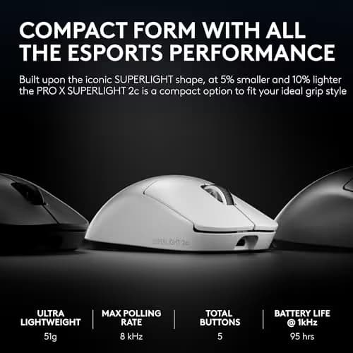 Pro X Superlight 2c Wireless Gaming Mouse: 51g Compact Mini Size, Symmetrical Shape, <8 kHz Polling, 44K DPI, PowerPlay Wireless Charging Supported, USB-C, 5 Programmable Buttons, For PC/Mac - White image