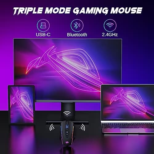 Redragon Wireless Gaming Mouse, Tri-Mode 2.4G/USB-C/Bluetooth Mouse Gaming, 12000 DPI, RGB Backlit, Fully Programmable, Rechargeable Wireless Computer Mouse for Laptop PC Mac, Black image