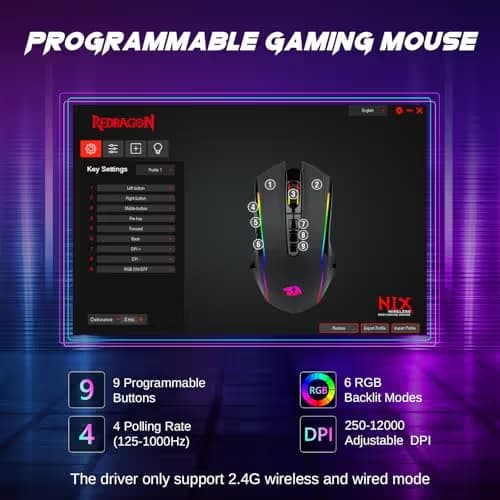 Redragon Wireless Gaming Mouse, Tri-Mode 2.4G/USB-C/Bluetooth Mouse Gaming, 12000 DPI, RGB Backlit, Fully Programmable, Rechargeable Wireless Computer Mouse for Laptop PC Mac, Black image