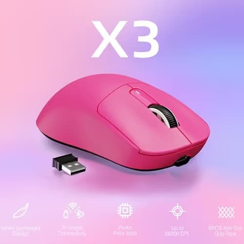 ATTACK SHARK X3 Wireless Gaming Mouse, 49g Ergonomic Computer Mouse, Triple Modes PAW3395 26K DPI Optical Sensor, 200h Battery Life, Programmable Buttons, Gaming Accessories for PC/Laptop/Mac (Berry) image