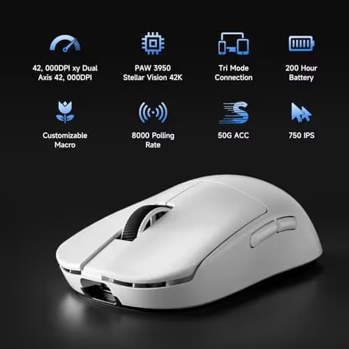 MCHOSE L7 Ultra+ Wireless Gaming Mouse, Lightweight 48g, Ergonomic Mouse with 42K DPI, PAW3950, Optical Switch, 20000 FPS, Dual 8K Polling, 7 Programmable Buttons, 3-Mode Connect, PC/Mac - White image