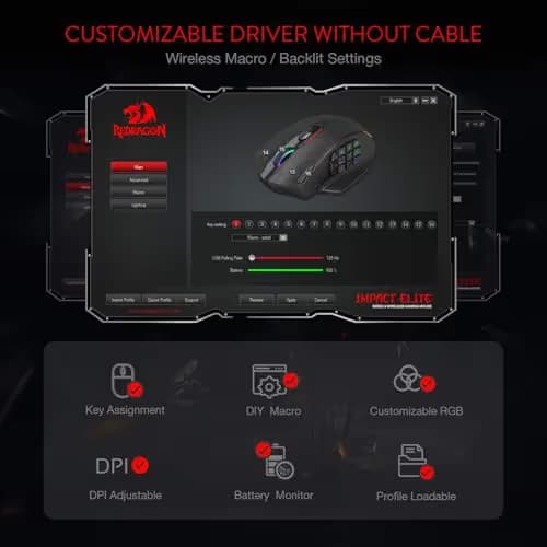 Redragon M913 Impact Elite Wireless Gaming Mouse, 16000 DPI Wired/Wireless RGB Mouse with 16 Programmable Buttons, 45 Hr Battery and Pro Optical Sensor, 12 Side Buttons MMO Mouse image
