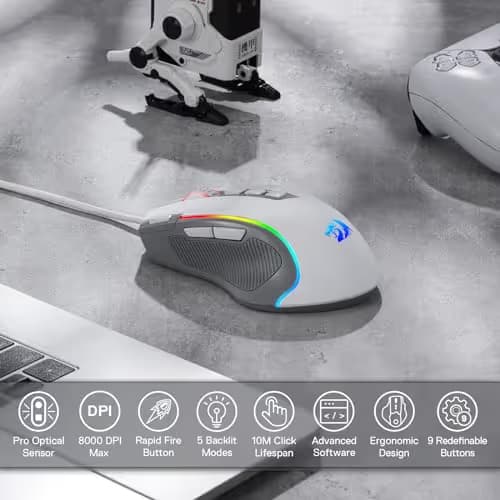 Redragon M612 RGB Gaming Mouse, 8000 DPI Wired Optical Mouse with 9 Programmable Buttons & 5 Backlit Modes, Software Supports DIY Keybinds Rapid Fire Button, Gray&White image