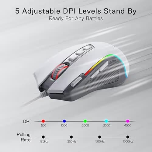 Redragon M612 RGB Gaming Mouse, 8000 DPI Wired Optical Mouse with 9 Programmable Buttons & 5 Backlit Modes, Software Supports DIY Keybinds Rapid Fire Button, Gray&White image