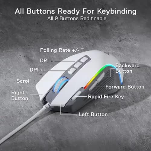 Redragon M612 RGB Gaming Mouse, 8000 DPI Wired Optical Mouse with 9 Programmable Buttons & 5 Backlit Modes, Software Supports DIY Keybinds Rapid Fire Button, Gray&White image