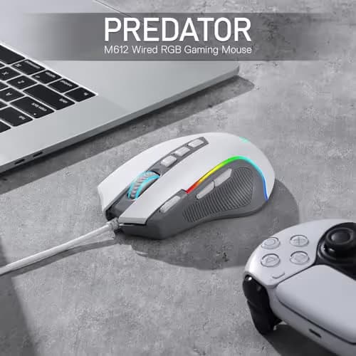 Redragon M612 RGB Gaming Mouse, 8000 DPI Wired Optical Mouse with 9 Programmable Buttons & 5 Backlit Modes, Software Supports DIY Keybinds Rapid Fire Button, Gray&White image