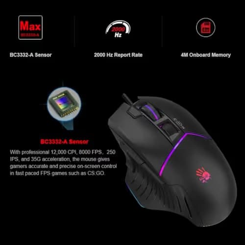 Bloody W95BR Max Extra Fire Gaming Mouse - 12,000 CPI, BC3332-A Sensor, 2000 Hz Report Rate, 4M Onboard Memory, RGB Backlit, Adjustable LOD, Precision Control, Ergonomic Design image