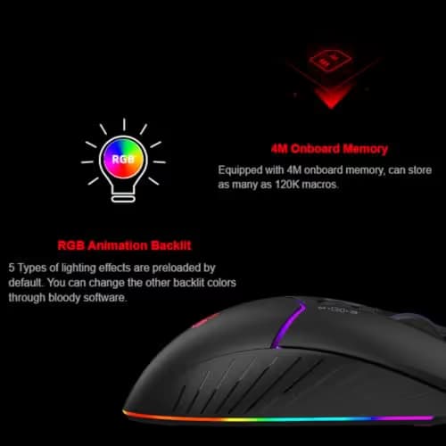 Bloody W95BR Max Extra Fire Gaming Mouse - 12,000 CPI, BC3332-A Sensor, 2000 Hz Report Rate, 4M Onboard Memory, RGB Backlit, Adjustable LOD, Precision Control, Ergonomic Design image