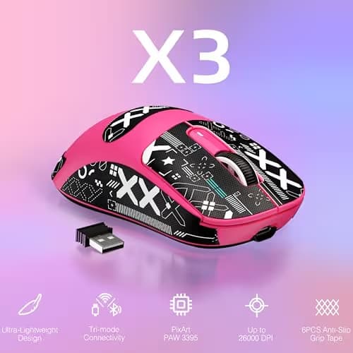 MANBASNAKE × ATTACK SHARK X3 Wireless Gaming Mouse, 49g Lightweight Triple Mode Ergonomic Computer Mouse, PAW3395 26K DPI Sensor,200h Battery Life, Griptape Programmable Buttons for PC/Mac/Win (Berry) image