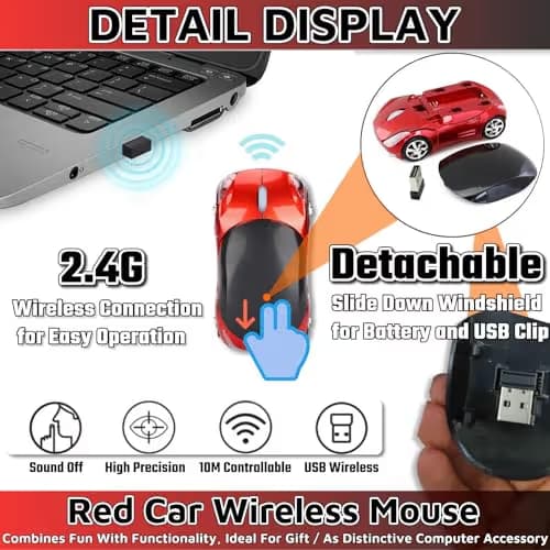 HuGuWdy Cute Mouse Wireless Red，2.4G with USB Reciver 1600DPI Car Mouse for Computer Wireless USB for Laptop Computer Tablet for Windows for Mac OS for Her for Christmas（Red） image