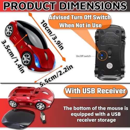 HuGuWdy Cute Mouse Wireless Red，2.4G with USB Reciver 1600DPI Car Mouse for Computer Wireless USB for Laptop Computer Tablet for Windows for Mac OS for Her for Christmas（Red） image