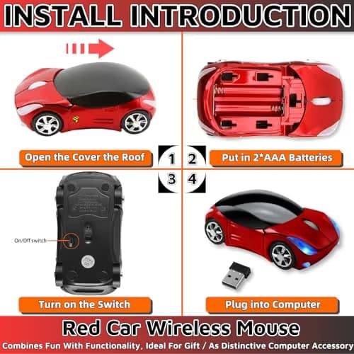 HuGuWdy Cute Mouse Wireless Red，2.4G with USB Reciver 1600DPI Car Mouse for Computer Wireless USB for Laptop Computer Tablet for Windows for Mac OS for Her for Christmas（Red） image