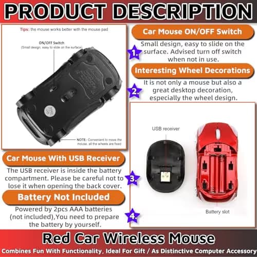 HuGuWdy Cute Mouse Wireless Red，2.4G with USB Reciver 1600DPI Car Mouse for Computer Wireless USB for Laptop Computer Tablet for Windows for Mac OS for Her for Christmas（Red） image
