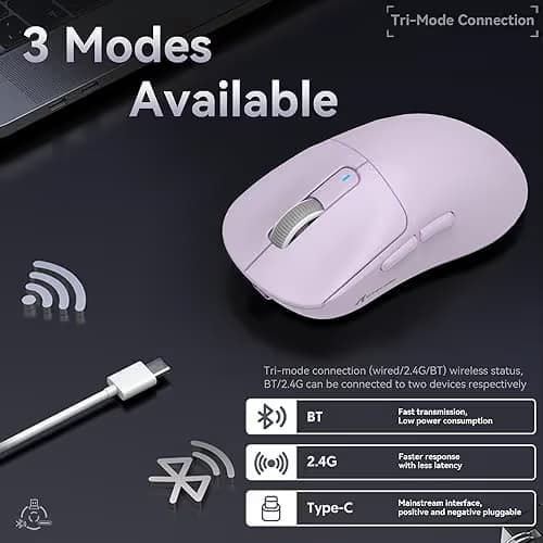 ATTACK SHARK X3 Wireless Gaming Mouse, 49g Ergonomic Computer Mouse, Triple Modes PAW3395 26K DPI Optical Sensor, 200h Battery Life, Programmable Buttons, Gaming Accessories for PC/Laptop/Mac (Purple) image