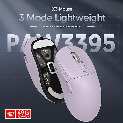 ATTACK SHARK X3 Wireless Gaming Mouse, 49g Ergonomic Computer Mouse, Triple Modes PAW3395 26K DPI Optical Sensor, 200h Battery Life, Programmable Buttons, Gaming Accessories for PC/Laptop/Mac (Purple) image