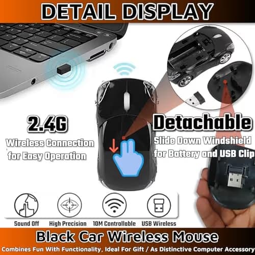 HuGuWdy Black Car Mouse，2.4G with USB Reciver 1600DPI Computer Mice Wireless for Computer Cute Wireless Mouse for Laptop Computer Tablet for Windows for Mac OS for Christmas（Black） image