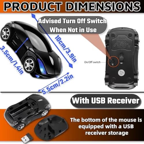 HuGuWdy Black Car Mouse，2.4G with USB Reciver 1600DPI Computer Mice Wireless for Computer Cute Wireless Mouse for Laptop Computer Tablet for Windows for Mac OS for Christmas（Black） image