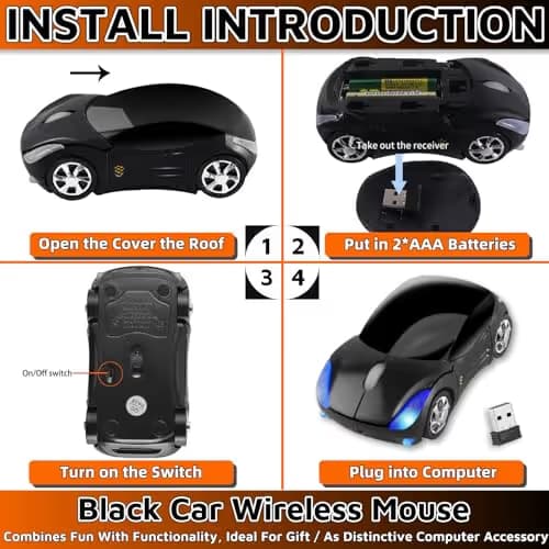 HuGuWdy Black Car Mouse，2.4G with USB Reciver 1600DPI Computer Mice Wireless for Computer Cute Wireless Mouse for Laptop Computer Tablet for Windows for Mac OS for Christmas（Black） image