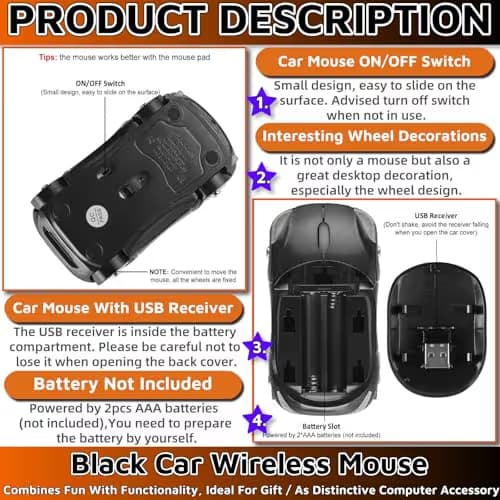 HuGuWdy Black Car Mouse，2.4G with USB Reciver 1600DPI Computer Mice Wireless for Computer Cute Wireless Mouse for Laptop Computer Tablet for Windows for Mac OS for Christmas（Black） image