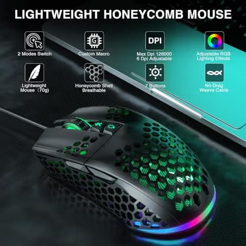 SOLAKAKA SM900 Gaming Mouse Wired with RGB,Honeycomb Shell,12800 DPI Wired Gaming Mouse with Buttons,Computer Mouse for Laptop/PC,Black image