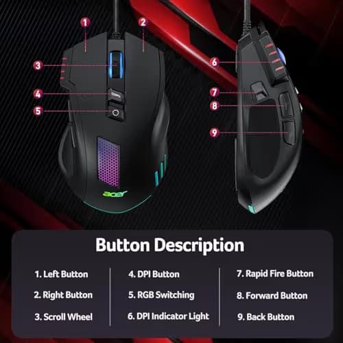 acer Wired Gaming Mouse, 12,800 DPI RGB Ergonomic Computer Mouse with Optical Sensor, 8 Programmable Buttons, 12 Backlit Modes, Software for DIY Keybinds, Rapid Fire, USB Gaming Mice for Laptop, PC image