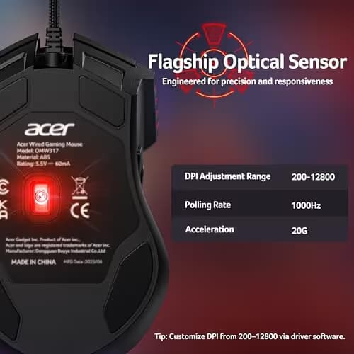 acer Wired Gaming Mouse, 12,800 DPI RGB Ergonomic Computer Mouse with Optical Sensor, 8 Programmable Buttons, 12 Backlit Modes, Software for DIY Keybinds, Rapid Fire, USB Gaming Mice for Laptop, PC image