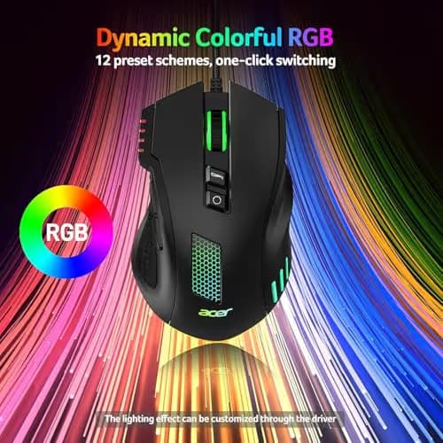 acer Wired Gaming Mouse, 12,800 DPI RGB Ergonomic Computer Mouse with Optical Sensor, 8 Programmable Buttons, 12 Backlit Modes, Software for DIY Keybinds, Rapid Fire, USB Gaming Mice for Laptop, PC image