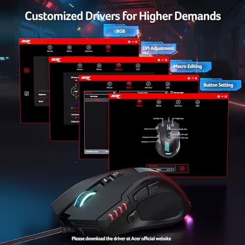 acer Wired Gaming Mouse, 12,800 DPI RGB Ergonomic Computer Mouse with Optical Sensor, 8 Programmable Buttons, 12 Backlit Modes, Software for DIY Keybinds, Rapid Fire, USB Gaming Mice for Laptop, PC image