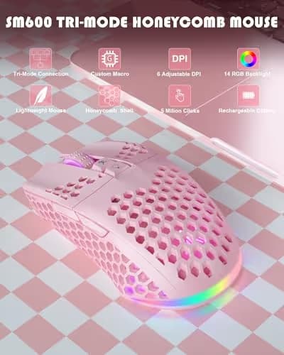 SOLAKAKA SM600 Pink Wireless Gaming Mouse with Honeycomb Shell, Side Buttons,Tri-Modes(BT5.1+BT5.1+2.4GHz) Lightweight RGB Wireless Mouse for PC/Tablet/Desktop/Office/Games image
