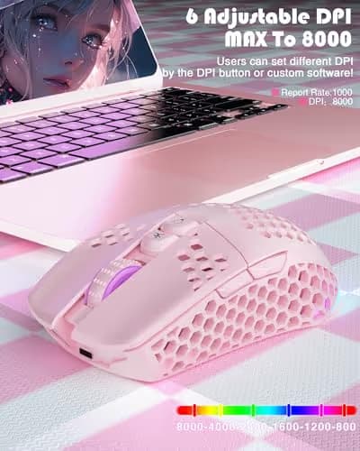 SOLAKAKA SM600 Pink Wireless Gaming Mouse with Honeycomb Shell, Side Buttons,Tri-Modes(BT5.1+BT5.1+2.4GHz) Lightweight RGB Wireless Mouse for PC/Tablet/Desktop/Office/Games image