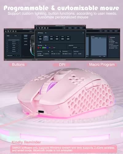 SOLAKAKA SM600 Pink Wireless Gaming Mouse with Honeycomb Shell, Side Buttons,Tri-Modes(BT5.1+BT5.1+2.4GHz) Lightweight RGB Wireless Mouse for PC/Tablet/Desktop/Office/Games image