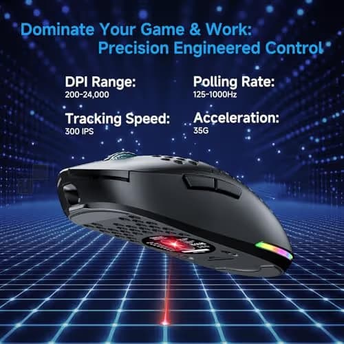 TMKB Falcon M1 Wireless Gaming Mouse, 24000DPI Optical Sensor, 180Hrs Battery, Lightweight, 6 Programmable Buttons, RGB Strip, 2.4G/BT5.2/USB-C Wired for PC/Mac/Laptop - Matte Black image
