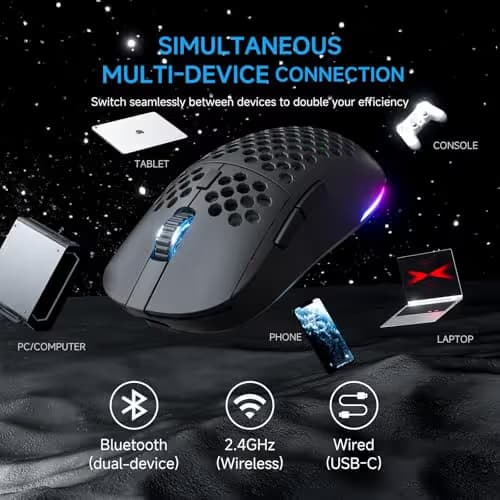 TMKB Falcon M1 Wireless Gaming Mouse, 24000DPI Optical Sensor, 180Hrs Battery, Lightweight, 6 Programmable Buttons, RGB Strip, 2.4G/BT5.2/USB-C Wired for PC/Mac/Laptop - Matte Black image