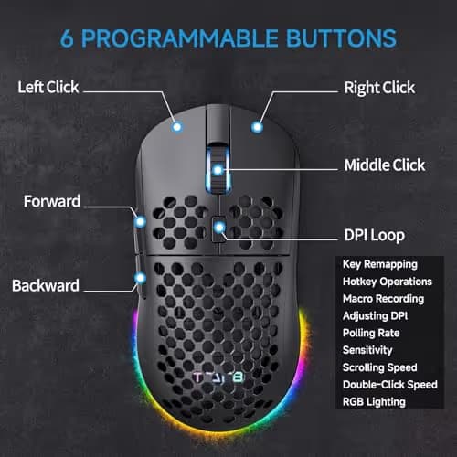 TMKB Falcon M1 Wireless Gaming Mouse, 24000DPI Optical Sensor, 180Hrs Battery, Lightweight, 6 Programmable Buttons, RGB Strip, 2.4G/BT5.2/USB-C Wired for PC/Mac/Laptop - Matte Black image