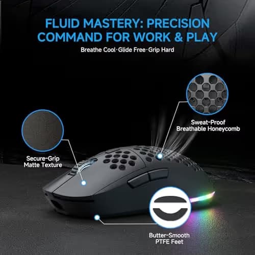 TMKB Falcon M1 Wireless Gaming Mouse, 24000DPI Optical Sensor, 180Hrs Battery, Lightweight, 6 Programmable Buttons, RGB Strip, 2.4G/BT5.2/USB-C Wired for PC/Mac/Laptop - Matte Black image
