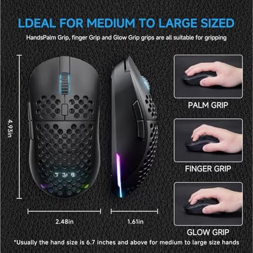 TMKB Falcon M1 Wireless Gaming Mouse, 24000DPI Optical Sensor, 180Hrs Battery, Lightweight, 6 Programmable Buttons, RGB Strip, 2.4G/BT5.2/USB-C Wired for PC/Mac/Laptop - Matte Black image