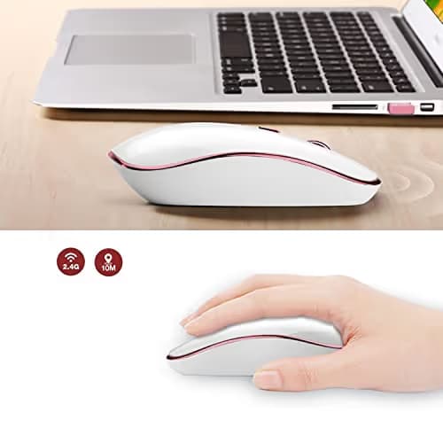 JOYACCESS Wireless Mouse for Laptop - Ultra Thin, Silent, 2400 DPI Portable Optical Mouse for Laptop,Computer,MacBook,Windows, Chromebook, PC (White + Pink) image