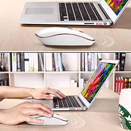 JOYACCESS Wireless Mouse for Laptop - Ultra Thin, Silent, 2400 DPI Portable Optical Mouse for Laptop,Computer,MacBook,Windows, Chromebook, PC (White + Pink) image
