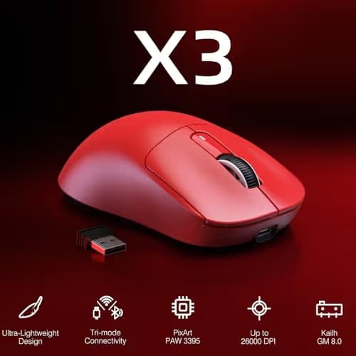 ATTACK SHARK X3 Wireless Gaming Mouse, 49g Ergonomic Computer Mouse, Triple Modes PAW3395 26K DPI Optical Sensor, 200h Battery Life, Programmable Buttons, Gaming Accessories for PC/Laptop/Mac (Red) image