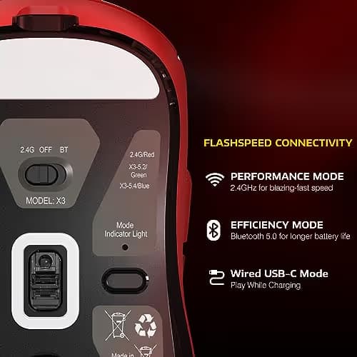 ATTACK SHARK X3 Wireless Gaming Mouse, 49g Ergonomic Computer Mouse, Triple Modes PAW3395 26K DPI Optical Sensor, 200h Battery Life, Programmable Buttons, Gaming Accessories for PC/Laptop/Mac (Red) image