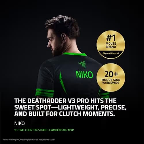 Razer DeathAdder V3 Pro Wireless Gaming Mouse + Hyperpolling Wireless Dongle: 63g Ultra Lightweight - Focus Pro 30K Optical Sensor - Optical Switches Gen-3-5 Programmable Buttons - Black image