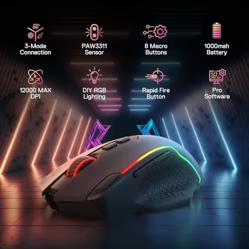 Redragon M810 MAX 3-Mode Wireless Gaming Mouse, 12000 DPI Wired/Wireless RGB Mouse w/Rapid Fire Key, 8 Macro Buttons, 188-Hour Reliable Power Capacity for PC/Mac/Laptop image