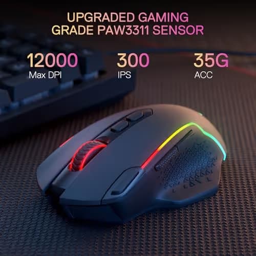 Redragon M810 MAX 3-Mode Wireless Gaming Mouse, 12000 DPI Wired/Wireless RGB Mouse w/Rapid Fire Key, 8 Macro Buttons, 188-Hour Reliable Power Capacity for PC/Mac/Laptop image